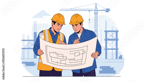 Two construction engineers in safety gear studying a large architectural plan on a busy building site with heavy machinery.