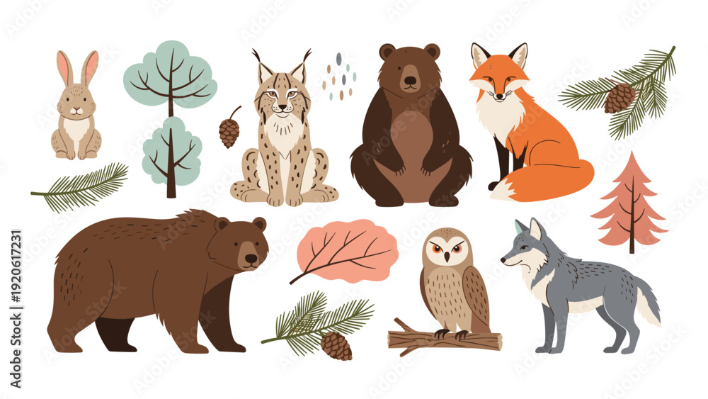 Fototapeta premium Set of various forest animals including a bear, fox, lynx, owl, and wolf with trees, leaves, and pine cones in a flat style.