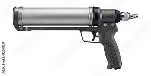 Pneumatic caulking gun with a trigger and air hose connection.