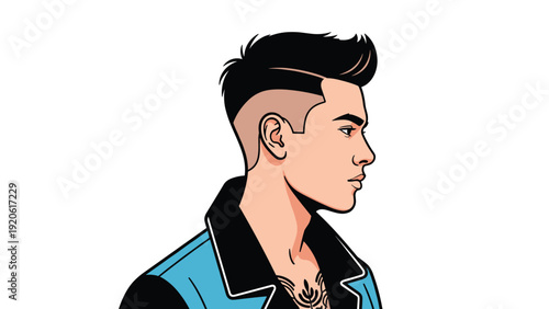 Stylish young man profile featuring a modern undercut hairstyle and blue denim jacket, posing confidently against a minimalist white background.