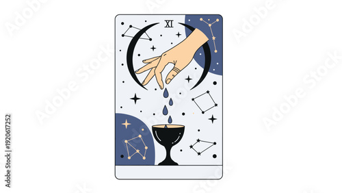 Stylized tarot card design for number eleven showing a hand pouring droplets into a cup among stars and celestial constellations.