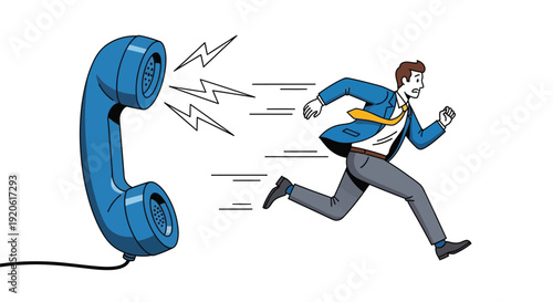 Businessman running away from the  ringing telephone receiver quickly
