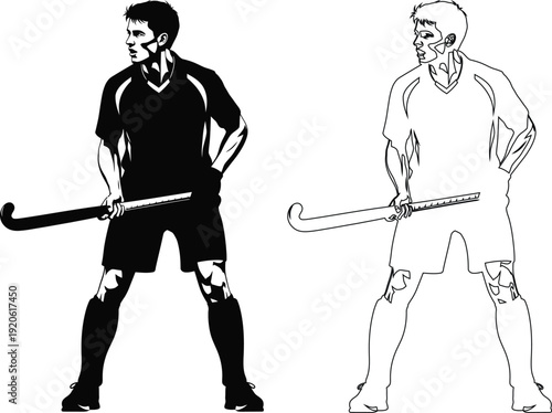 Two field hockey players demonstrating different stances while holding their sticks