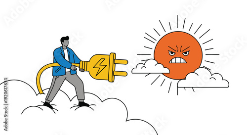 Man plugs angry sun to control green energy production.