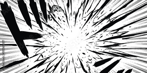 Dynamic black and white manga panel illustrating an intense, high-speed burst of energy or impact