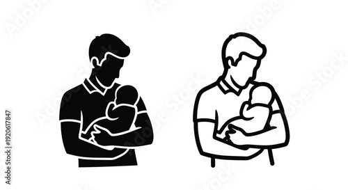 Simple black and white illustration of a father holding a baby