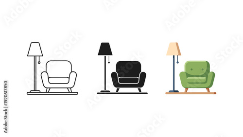 Set of three minimalist armchairs with floor lamps isolated on white background modern furniture design illustration
