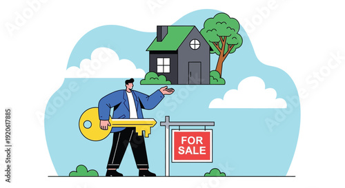 Real estate agent showcasing a house with a large key