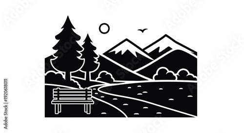 Simple black and white landscape featuring mountains trees and a bench