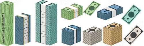 Stacked money cash bundles and banknote piles financial growth investment savings currency flat vector illustration set.