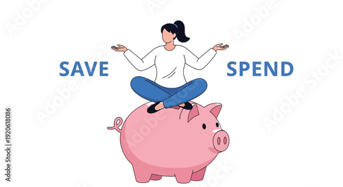 Young woman meditating on a piggy bank with savings