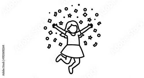 Joyful girl jumping with arms raised amidst a shower of stars