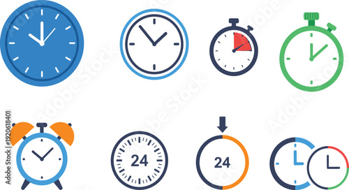 Clock and time management icon set with stopwatch alarm timer 24 hours deadline schedule flat color vector collection.