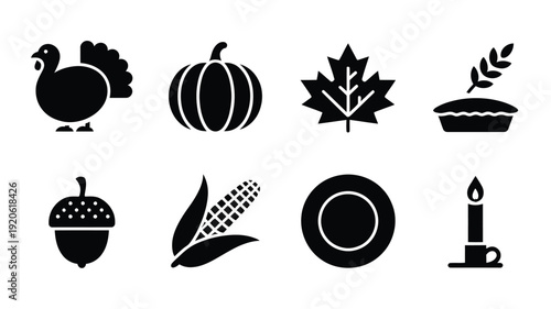 Thanksgiving Autumn Silhouette Icon Set with Harvest Pumpkin Turkey and Seasonal Celebration Symbols