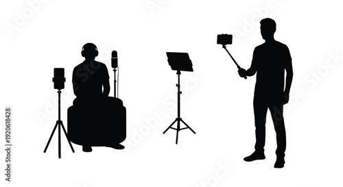 Silhouette of a podcaster with equipment in a studio setting