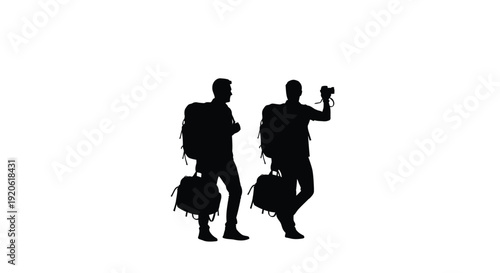 Silhouettes of two travelers with backpacks walking against a white background