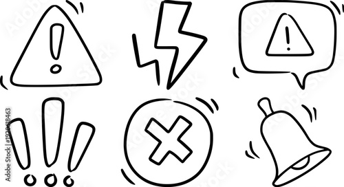 Collection of hand-drawn alert and notification icons doodle style symbols for warnings and messages isolated on white background