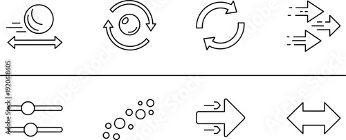 Modern arrow navigation and control icon set with refresh sync sliders fast forward editable stroke vector collection.