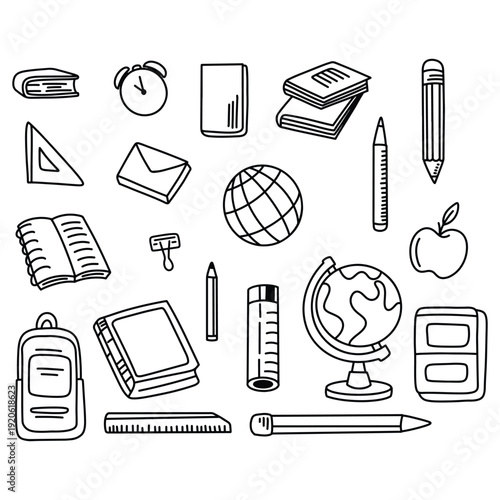 Hand Drawn School Supplies and Education Doodle Icons Set