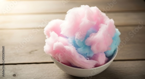 Pastel cotton candy in a bowl on a rustic wood surface at studio light