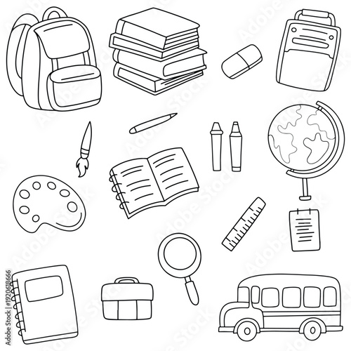 Back to School Supplies Hand Drawn Outline Doodles Vector Collection
