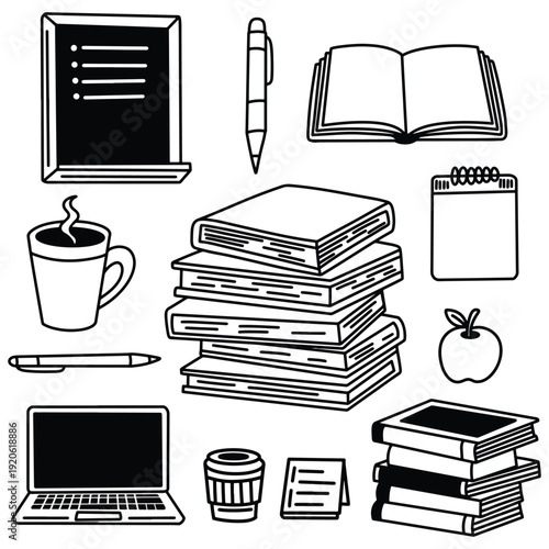 Study Work from Home Icons Education Office Supplies Line Art