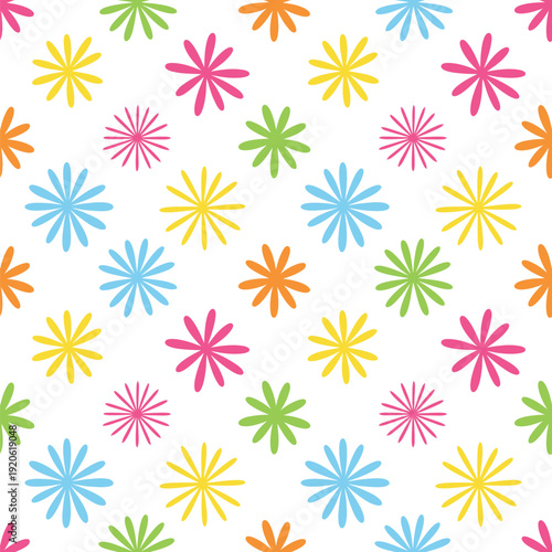 Cheerful seamless pattern of colorful stylized flowers in pink yellow blue and green on white background