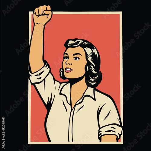 Empowered Woman with Raised Fist Vintage Protest Art Illustration