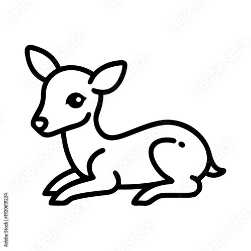 A simple line drawing of a resting young deer or fawn in a relaxed pose.