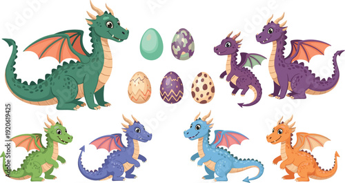 Cute Cartoon Dragon Family Set with Baby Dragons, Fantasy Eggs, and Colorful Mythical Creatures for Kids Illustration, Game Characters, and Nursery Design.