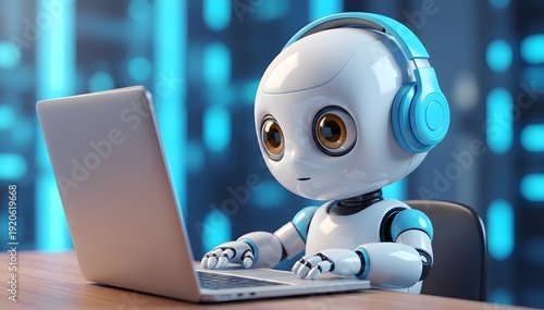 Cute little white robot wearing blue headphones working on a silver laptop with a blurred blue digital background, artificial intelligence concept