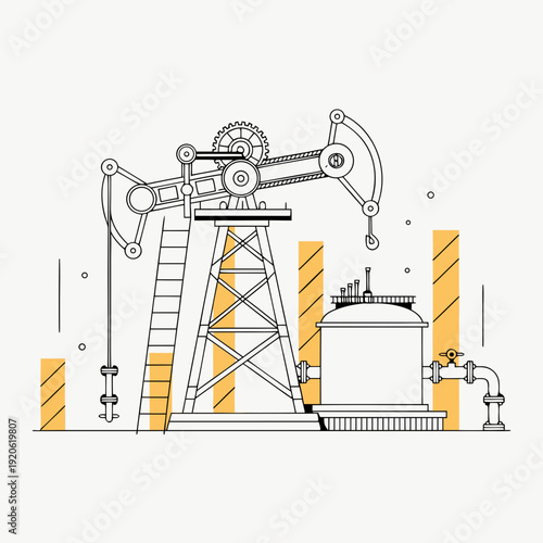 Industrial extraction machinery with storage reservoir and pressure valve system, technical energy infrastructure line art illustration