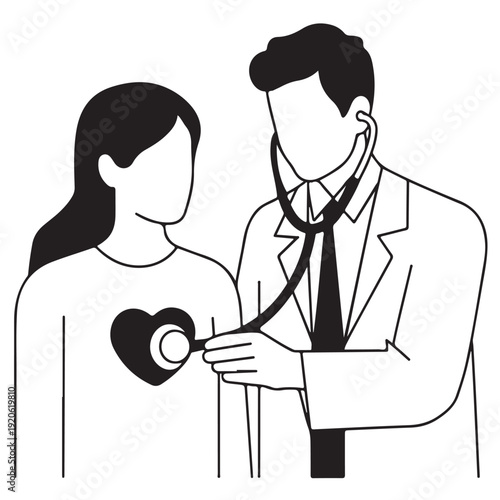 Doctor examining patient with stethoscope illustration representing cardiac health and medical checkup procedure with heart symbol on t-shirt isolated on transparent background vector art