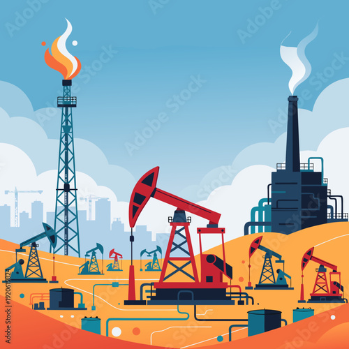 Petroleum extraction landscape with multiple pumpjacks and gas flare tower, industrial oil field with refinery factory silhouette flat art