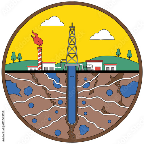Industrial mining and energy sector logo, crossed hammers with oil derrick and blue fuel barrels emblem vector illustration