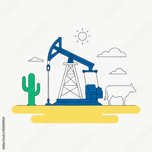 Petroleum extraction on farmland vector illustration, blue oil pumpjack near cactus and cow silhouette, industrial energy and nature flat art