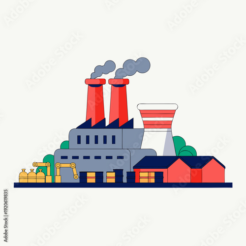 Heavy industrial power plant vector illustration, manufacturing factory with red smoking chimneys and cooling tower, energy production flat art