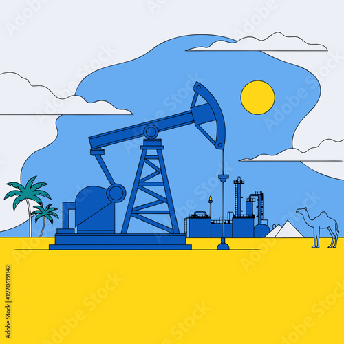 Petroleum extraction in desert vector illustration, blue oil pumpjack on yellow sand with camel and refinery silhouette, middle east energy flat art