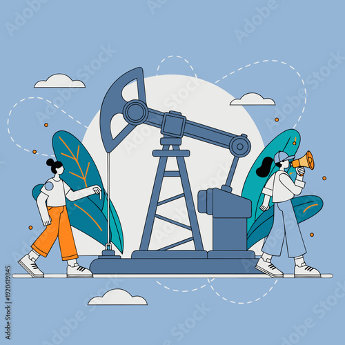Petroleum extraction vector illustration, female engineers working near blue oil pumpjack with megaphone, energy sector production flat art