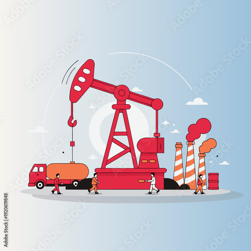 Petroleum extraction and transport vector illustration, red oil pumpjack with fuel tanker truck and workers, industrial energy production flat art