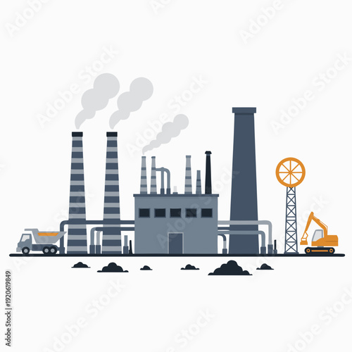 Heavy industrial factory complex vector illustration, manufacturing plant with smoking striped chimneys, excavator and dumper truck flat art