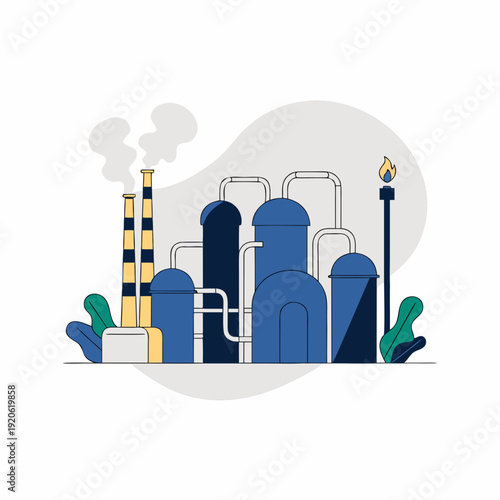 Petroleum refinery plant vector illustration, industrial factory with blue storage tanks, smoking chimneys and gas flare flat art