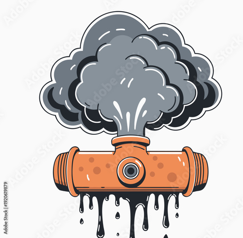 Industrial pipeline burst vector illustration, orange pipe leaking crude oil with thick smoke clouds, environmental pollution flat art