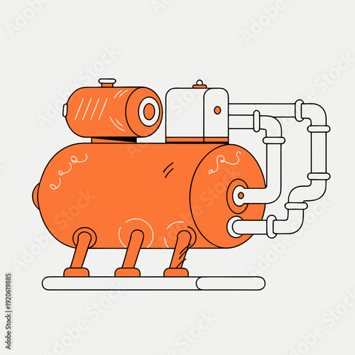 Industrial orange storage tank with pipeline system vector illustration, chemical or petroleum pressure vessel flat art on white background