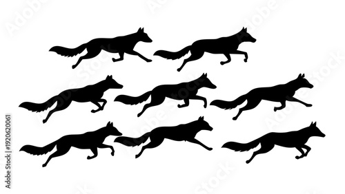 Dynamic silhouettes of wolves captured in mid-stride and various postures