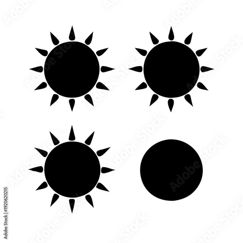 Four graphical representations of celestial bodies depicting different phases of the sun and moon.