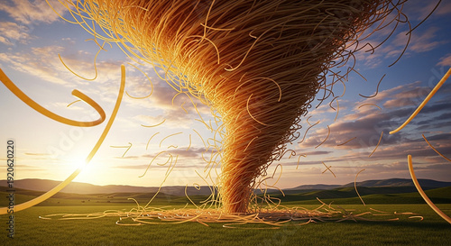 Golden spaghetti tornado in green field at sunset