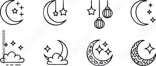 Crescent moon and stars line icons collection with clouds and decorative patterns for islamic holiday designs
