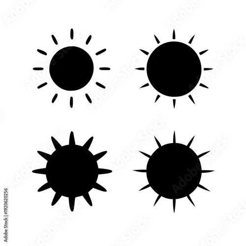 Four stylized depictions of the sun with varying ray patterns and shading