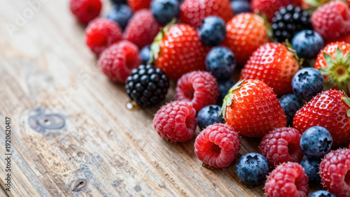 Wallpaper Mural A scattering of ripe raspberries and blueberries on a weathered wooden surface. The vibrant red and blue hues create a visually appealing, fresh, and appetizing display with a shallow depth of field. Torontodigital.ca